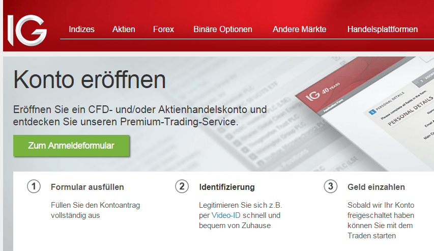 Anmeldeformular für das IG Depot